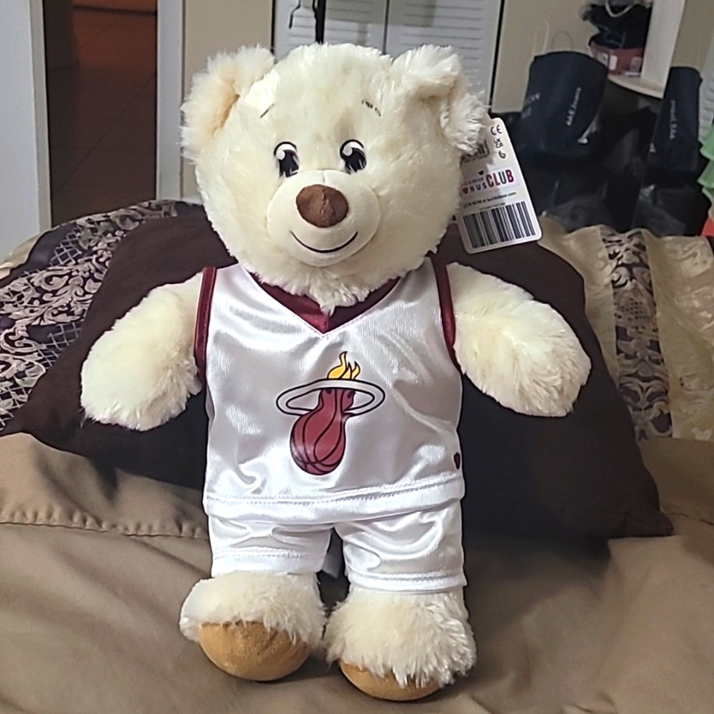 NEW. Build-A-Bear Bear stuffed animal in Miami Heat Basketball Jersey outfit.